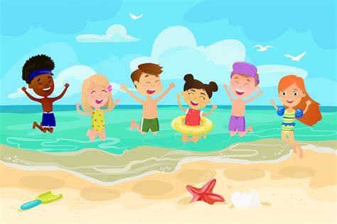 Premium Vector Children Jumping On Beach Happy Cheerful Kids