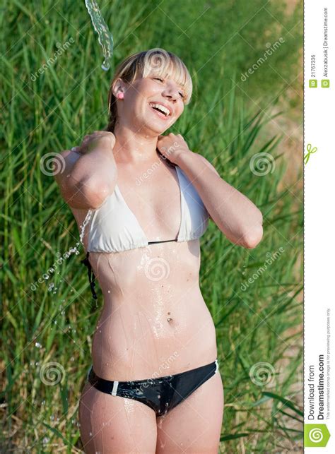 Blonde Taking Shower Outdoors Stock Photo Image Of Action People