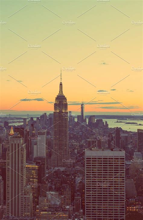 Manhattan Nyc Skyline At Dusk Stock Photo Containing Empire State