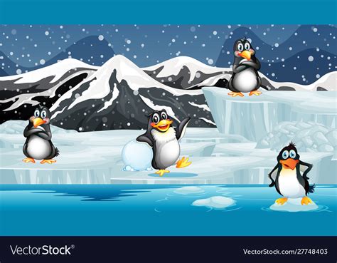 Winter Scene With Four Penguins Royalty Free Vector Image