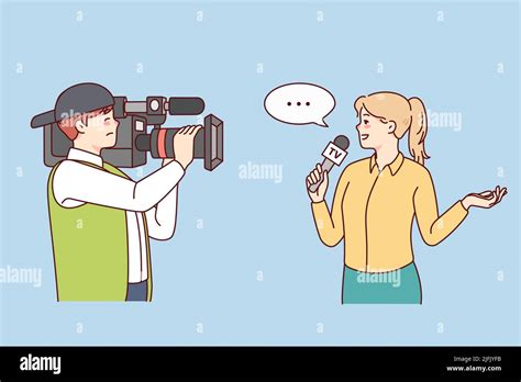 Cameraman Shooting Woman Journalist Doing Reportage Professional
