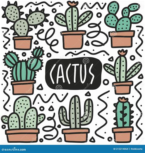 Hand Drawn Cactus Doodle Set Stock Vector Illustration Of Flower