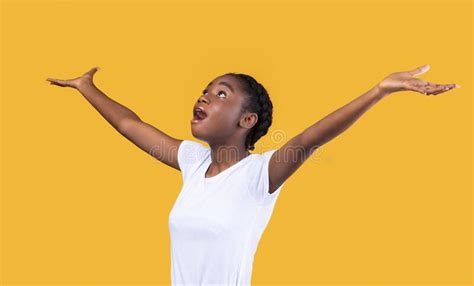 Amazed African American Woman Raising Hands Up Stock Photo Image Of