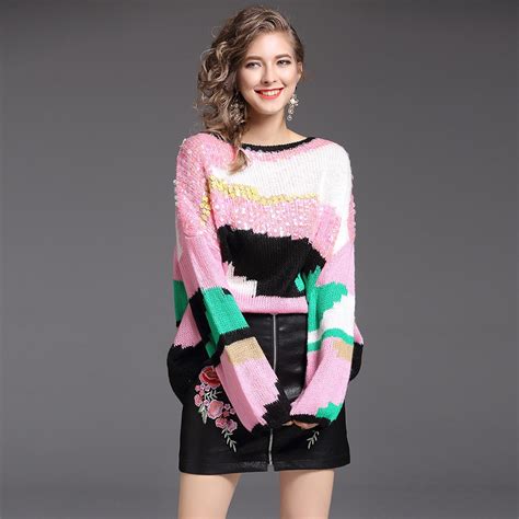 Runway 2017 Pullover Sweater Sequin Unif Women Plus Size Winter For