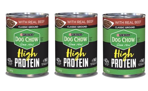 Higher in protein and fat. 3 FREE Purina Dog Chow High Protein Wet Dog Food Cans at ...