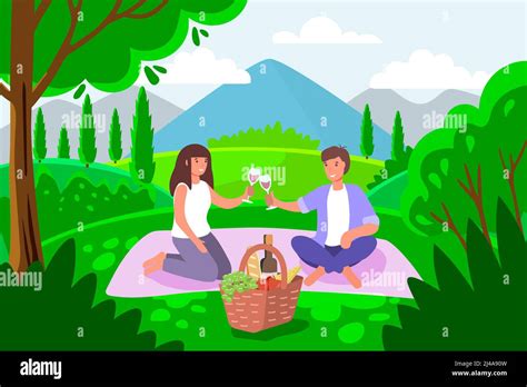 Romantic Date Outdoors Flat Color Vector Characters Sweethearts Enjoying Picnic In Park Lovers