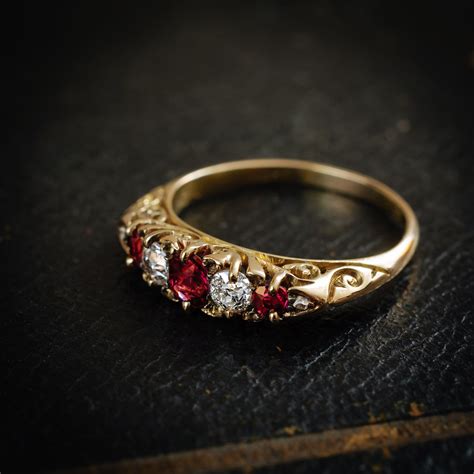 Ravishing Antique Victorian Ruby And Diamond Carved Half Hoop Ring