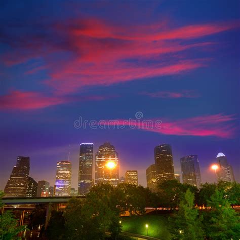 Houston Skyline West View Sunset Texas Us Stock Image Image Of Night
