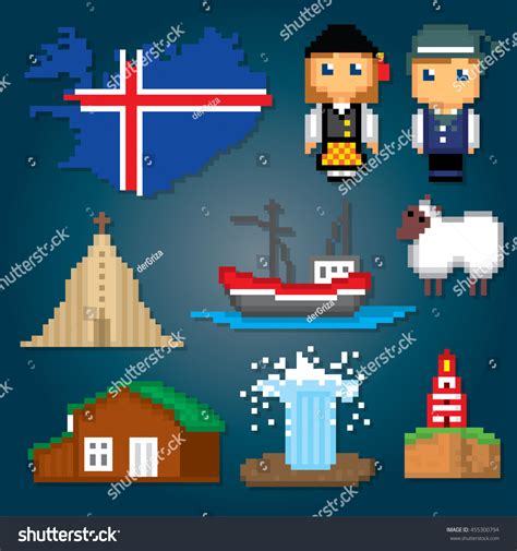 Iceland Icons Set Pixel Art Old Stock Vector Royalty Free 455300794