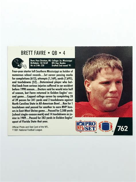 Brett Favre Rookie Card 1991 Nfl Pro Set 762 Etsy