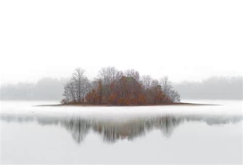 Wallpaper Trees White Lake Water Reflection Mist Island