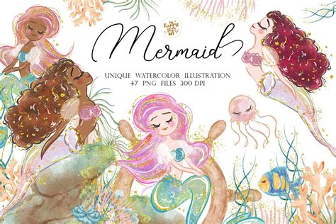 Mermaid Watercolor Illustrations Graphic By The Happy T Art