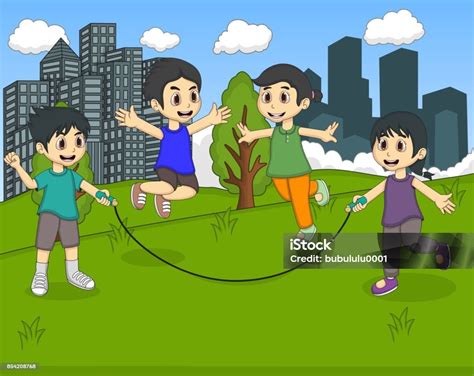Anakanak Bermain Lompat Tali Di Kartun Taman Ilustrasi Stok Unduh