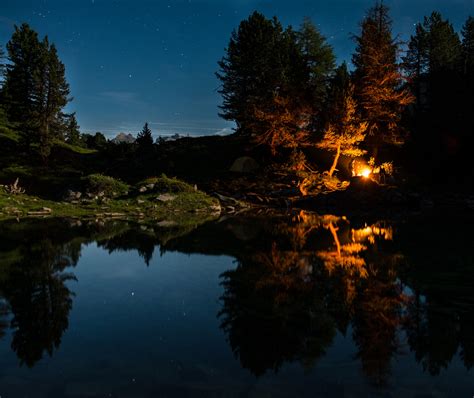 Wallpaper Longexposure Nightphotography Camping Trees Light Sky