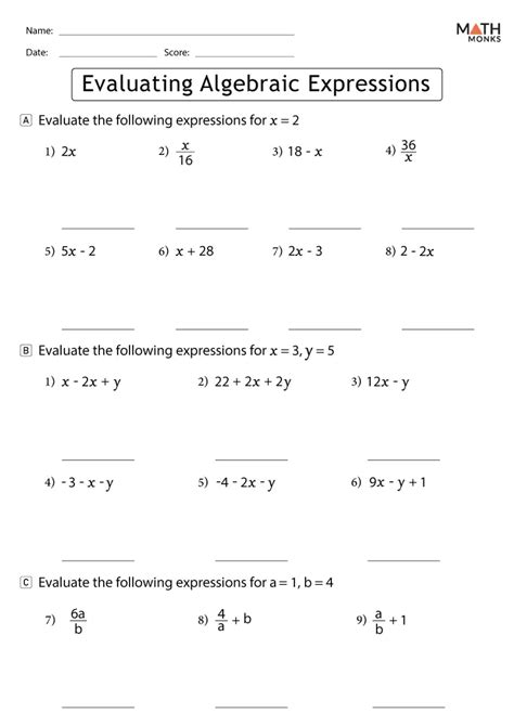 Evaluating Algebraic Expressions Worksheets Math Monks