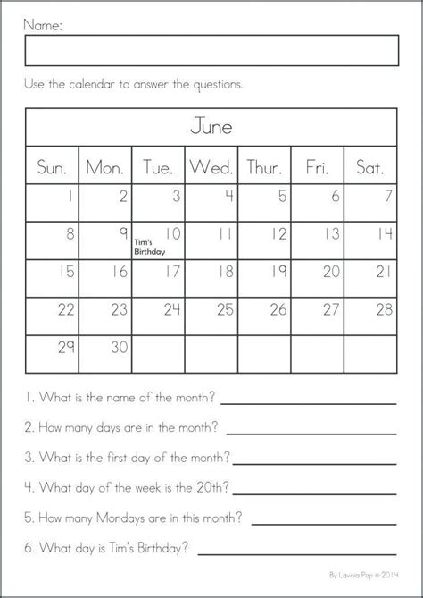 Calendar Worksheet For Kindergarten Calendar Questions Worksheets