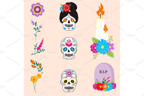 Colorful Symbols Dia De Los Muertos Holiday Day Of The Dead Vector