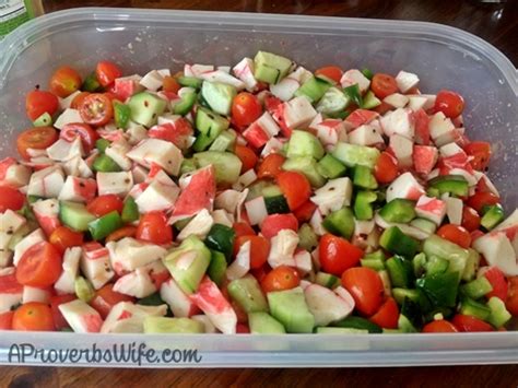 This imitation crab salad with shrimp, vegetables, and eggs is a great meal in itself. Crab Salad Recipe | A Proverbs Wife