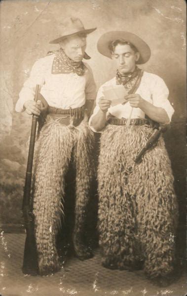 Two Young Men Dressed As Cowboys Wearing Wooly Chaps Studio Photos Postcard