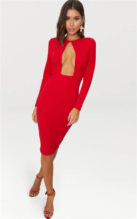 Red Cut Out Detail Midi Dress Prettylittlething