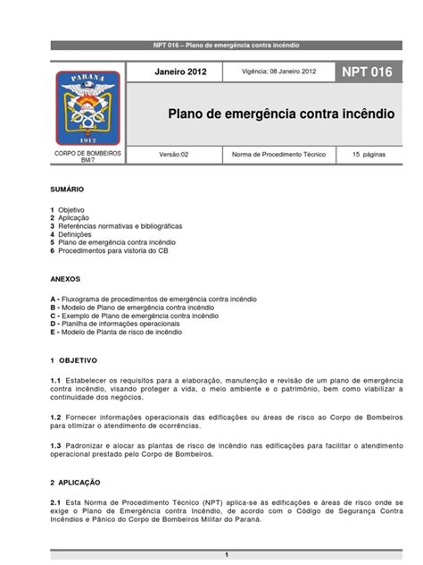 Npt 016 11 Plano De Emergencia Contra Incendio Pdf Primeiros Socorros Emergência