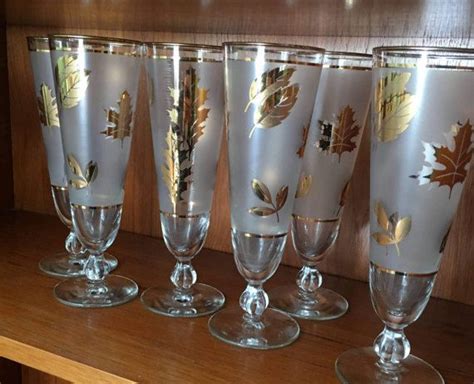 Gold Leaf And Frosted Libbey Pilsner Glasses Set Of 6 Fall Etsy Gold Leaf Frost Libbey