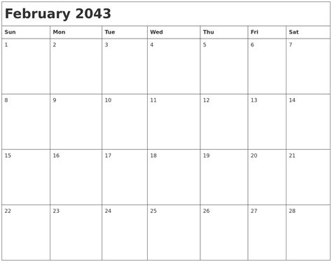 February 2043 Month Calendar