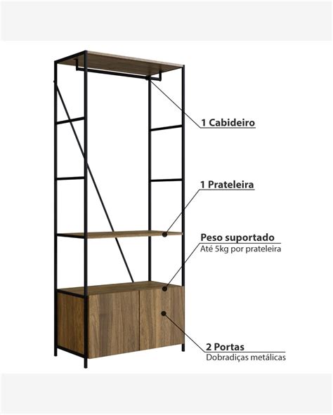 Riachuelo Estante Closet Industrial Com Portas E Prateleira Preto Castanho