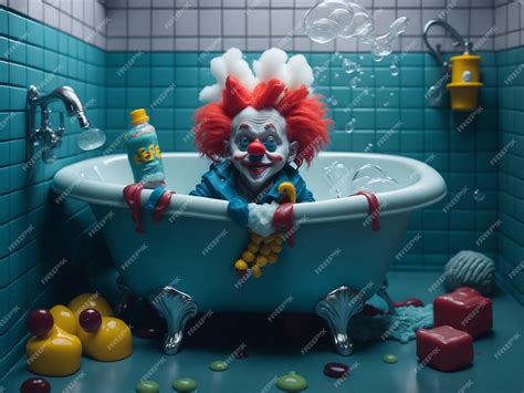 premium ai image the clown takes a bath a lot of soap bubbles generated by ai