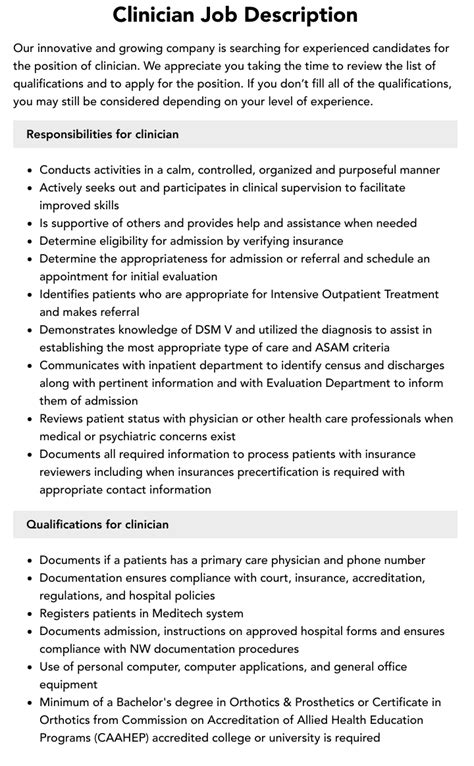 Clinician Job Description Velvet Jobs