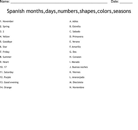 Spanish Monthsdaysnumbersshapescolorsseasons Worksheet Wordmint