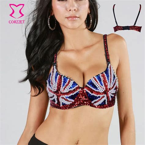 Sexy Studded Bras For Women British Flag Beads And Sequins Push Up Bra Top Underwear B B