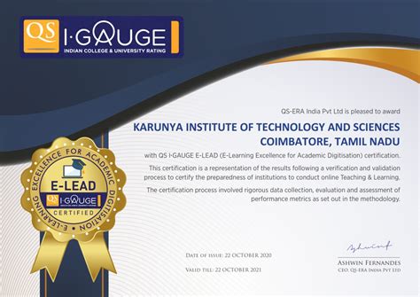qs i gauge e lead certification karunya institute of technology and sciences naac a