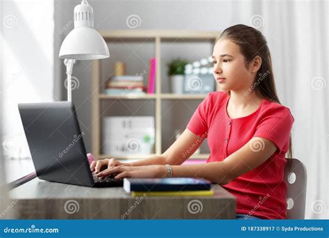 Student Girl With Laptop Computer Learning At Home Stock Image Image