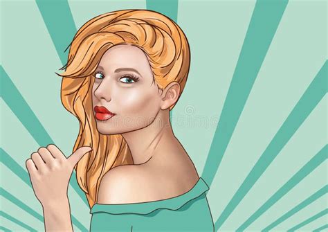 Pop Art Woman Points Behind Her Back Beautiful Blonde With Big Red Lips Stock Vector