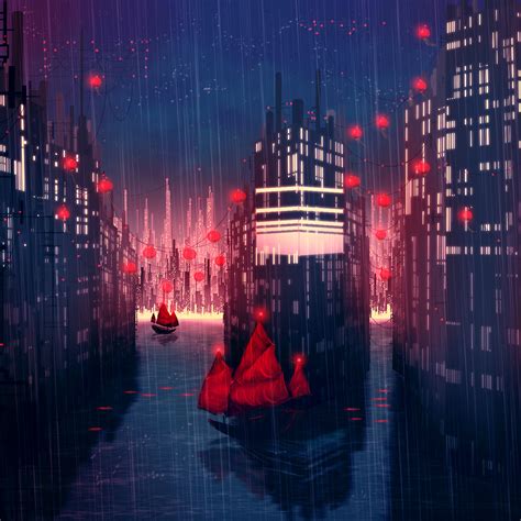 Android Wallpaper Aj08 Rainy Anime City Art Illust