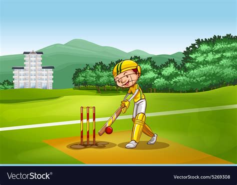 Boy Playing Cricket On Pitch Royalty Free Vector Image