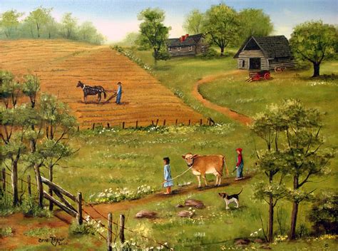 Out To Pasture Folk Art Print Summer Landscape Girl With Cow Etsy