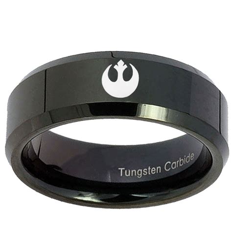Star Wars Rebel Alliance 8mm Black Beveled Tungsten Ring Bands