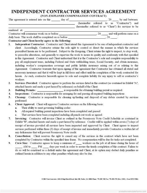 Free Printable Independent Contractor Agreement Form Regarding Cost