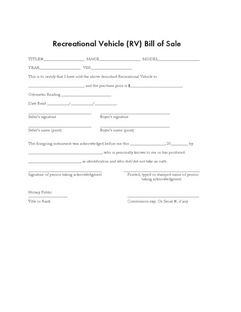 Free Printable Rv Bill Of Sale