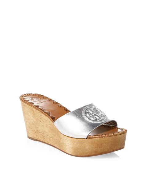 Tory Burch Womens Patty Platform Wedge Slide Silver Size 7 In