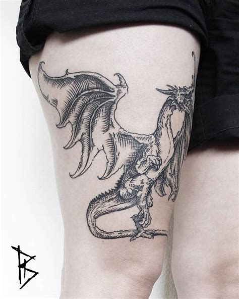 Engraving Style Dragon Tattoo On The Right Thigh Dragon Thigh Tattoo Tattoos Thigh Tattoos
