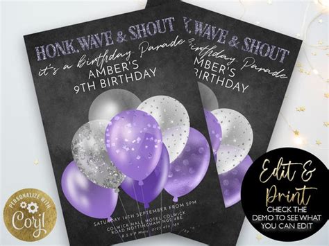 Drive By Birthday Parade Invitation Lilac Purple Drive By Balloon