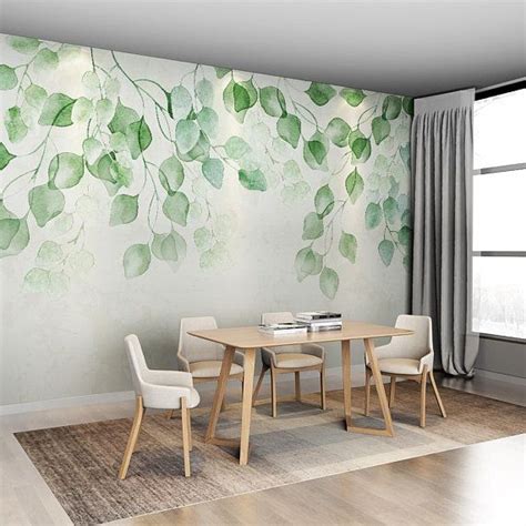 Watercolor Fresh Green Leaves Vine Wallpaper Wall Mural Etsy