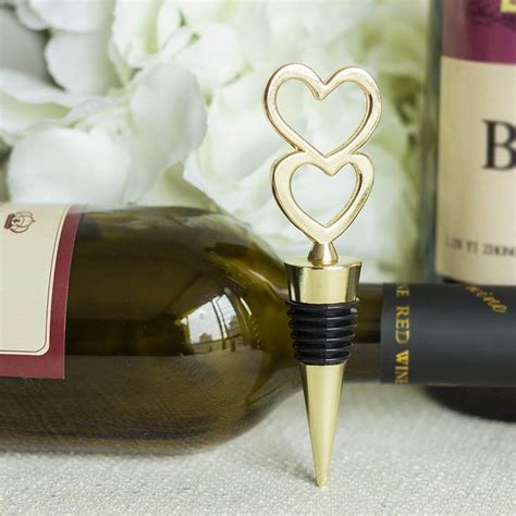 gold metal double heart wine bottle stopper wedding favor with velvet t box the proper