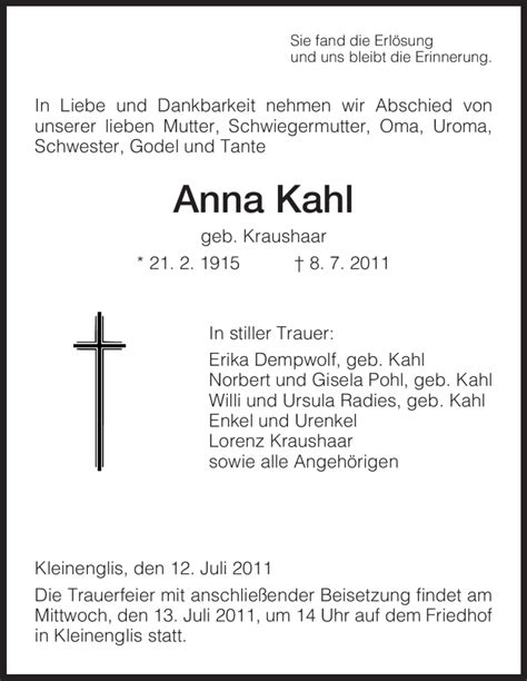 Traueranzeigen Von Anna Kahl Trauer HNA De