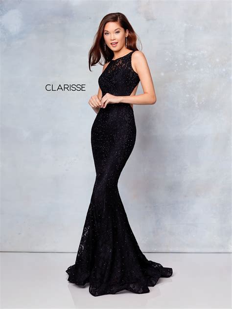 3748 Black Stretch Lace Fit To Flare Prom Dress With An Open Back Clarisse Dresses Prom
