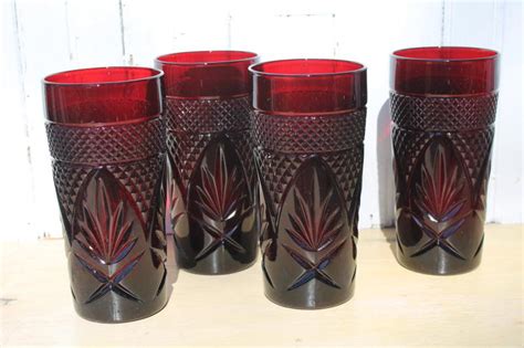 Antique Pattern Ruby Red Glass Tumblers Vintage Luminarc France Drinking Glasses