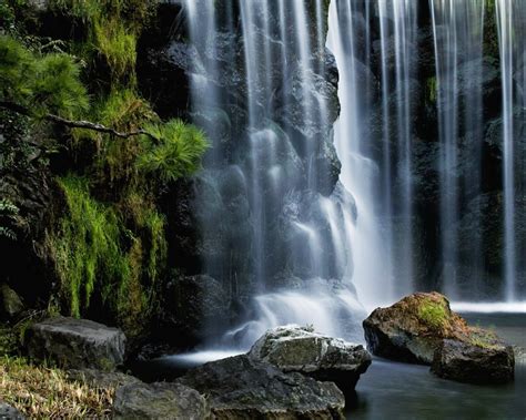 Tropical Waterfall Cascade Rocks Moss Nature Wallpaper For Desktop